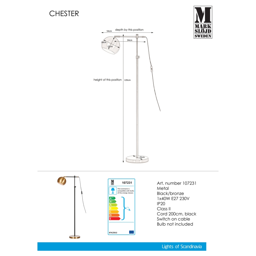 Markslöjd 107231 - Lattialamppu CHESTER 1xE27/40W/230V