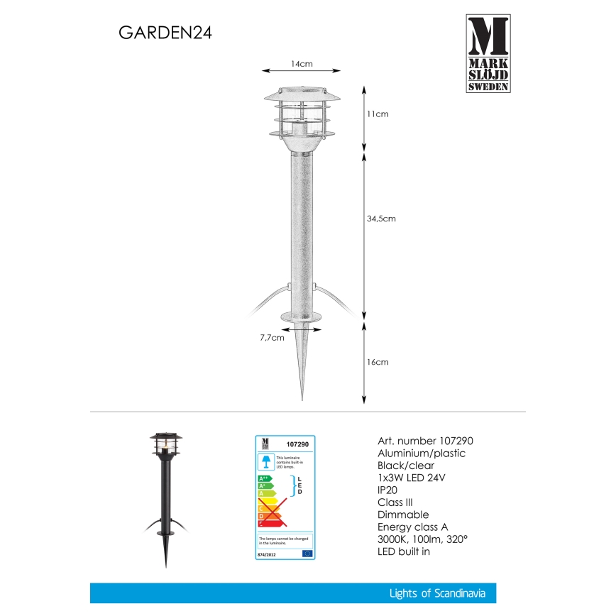 Markslöjd 107290 - LED-ulkolamppu GARDEN 24 LED/3W/24V 45 cm IP44 musta