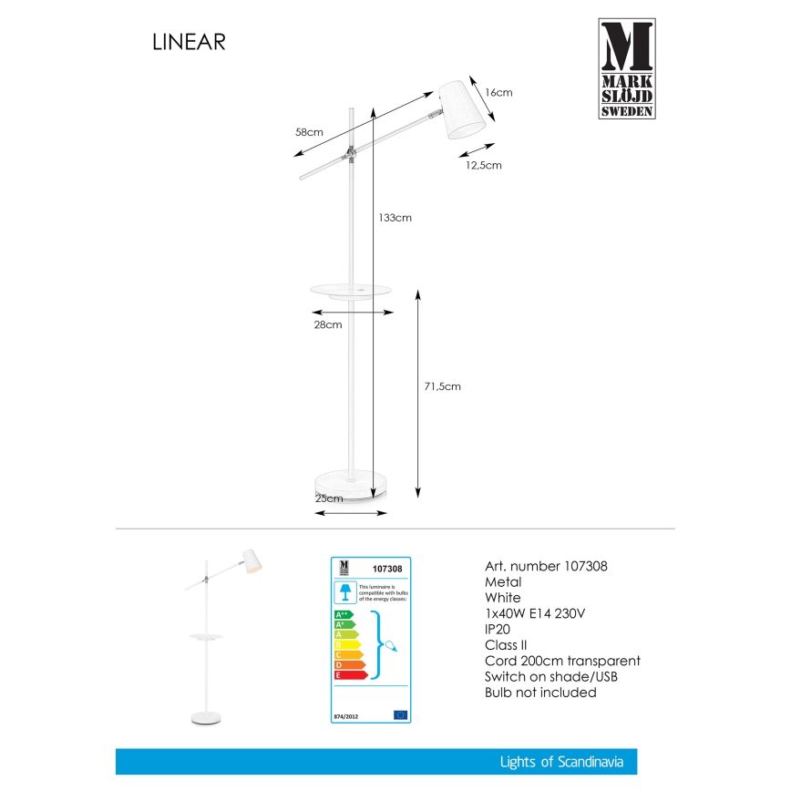 Markslöjd 107308 - Floor lamp USB LINEAR 1xE14/40W/230V