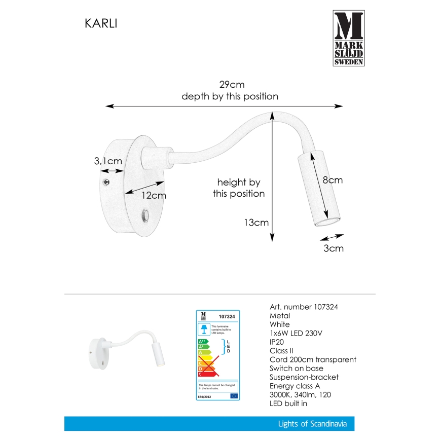 Markslöjd 107324 - LED-seinävalaisin KARLI LED/6W/230V