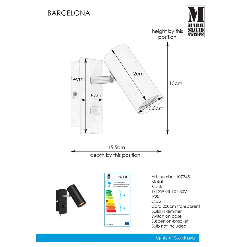 Markslöjd 107345 - Himmennettävä seinäkohdevalo BARCELONA 1xGU10/12W/230