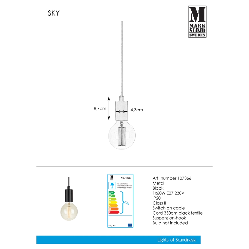 Markslöjd 107366 - Kattokruunu narulla SKY 1xE27/60W/230V