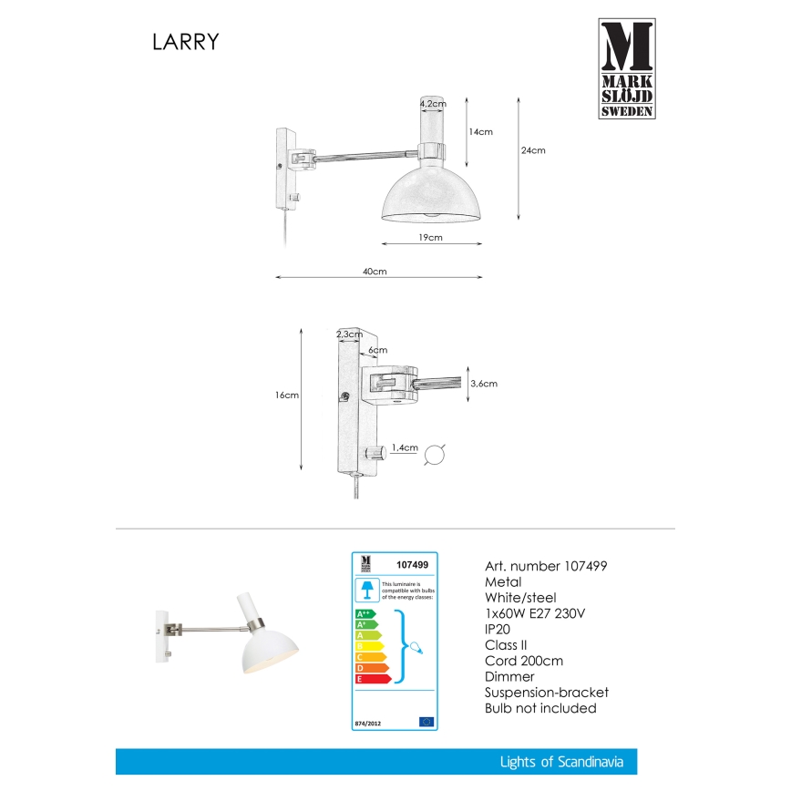 Markslöjd 107499 - Himmennettävä seinävalaisin LARRY 1xE27/60W/230V