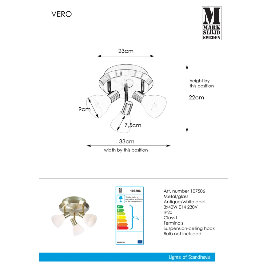 Markslöjd 107506 - Kohdevalo VERO 3xE14/40W/230V messinki