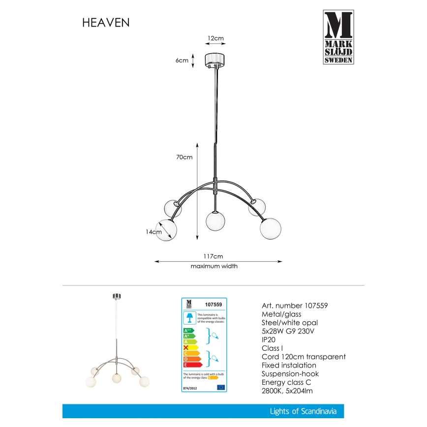 Markslöjd 107559 - Kattokruunu narulla HEAVEN 5xG9/28W/230V