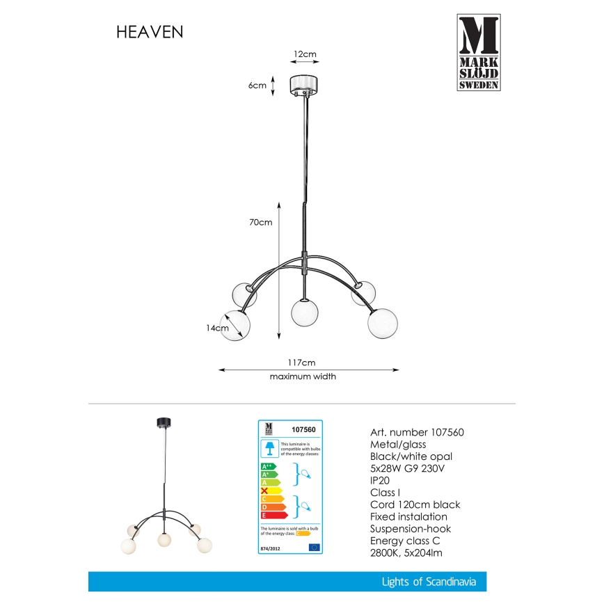 Markslöjd 107560 - Kattokruunu narulla HEAVEN 5xG9/28W/230V