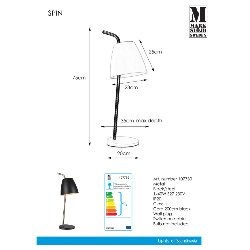 Markslöjd 107730 - Pöytävalaisin SPIN 1xE27/40W/230V
