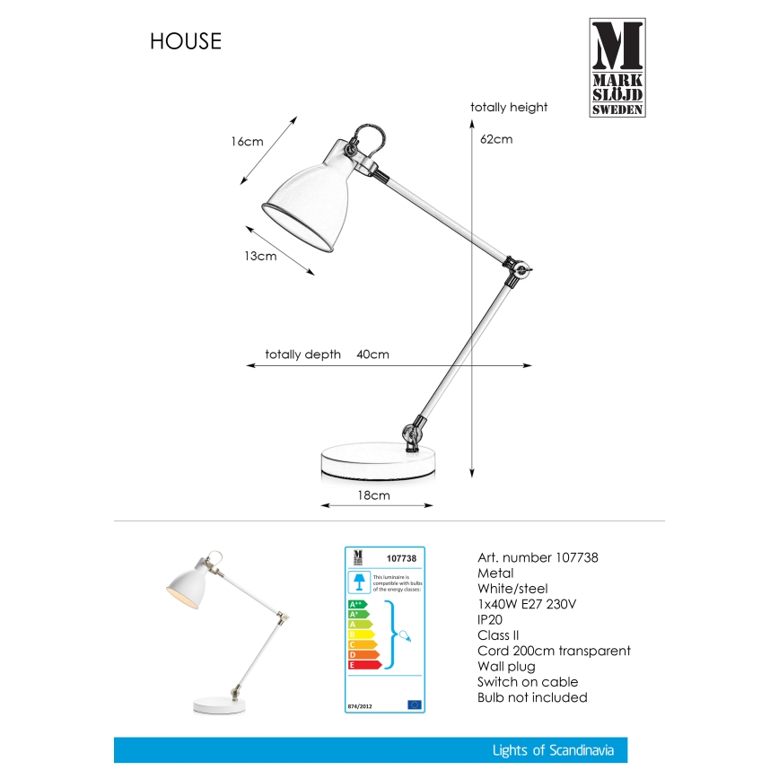 Markslöjd 107738 - Pöytävalaisin HOUSE 1xE27/40W/230V