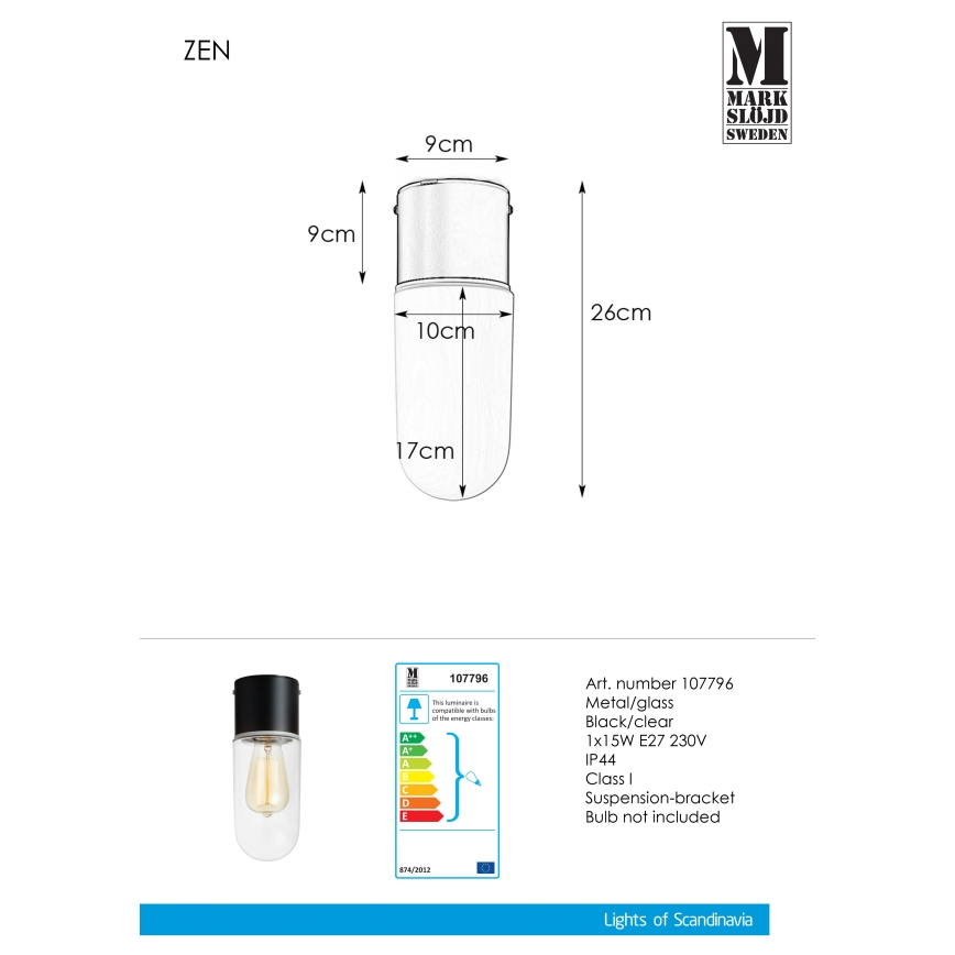 Markslöjd 107796 - Kylpyhuoneen kattovalo ZEN 1xE27/15W/230V IP44
