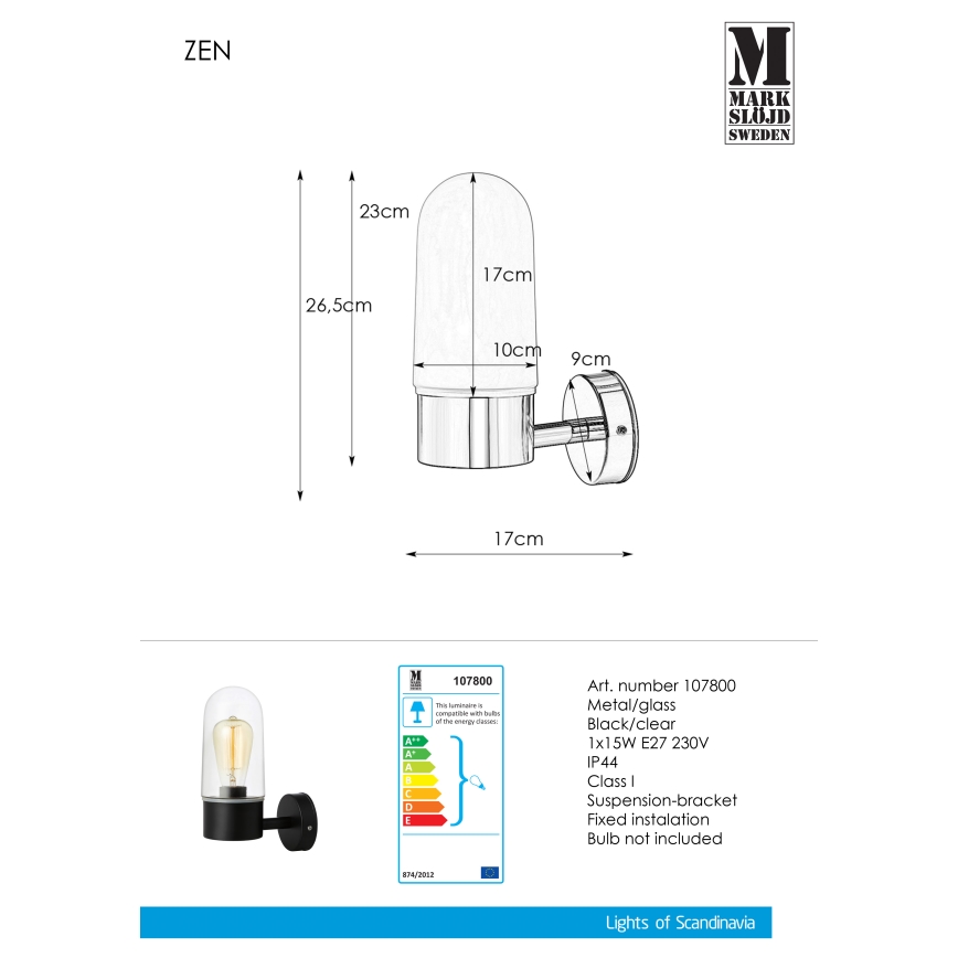 Markslöjd 107800 - Kylpyhuoneen seinävalaisin ZEN 1xE27/15W/230V IP44