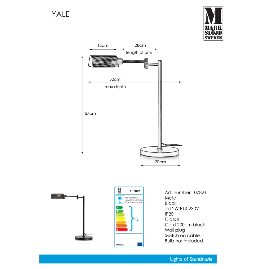 Markslöjd 107821 - Pöytävalaisin YALE 1xE14/12W/230V