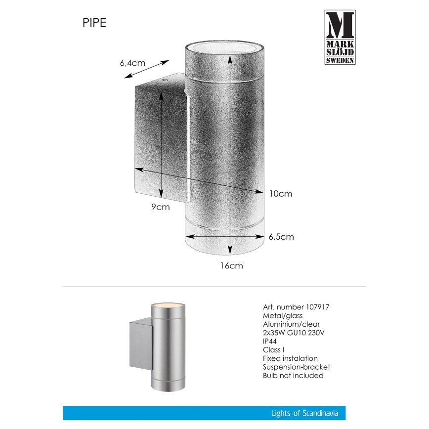 Markslöjd 107917 - Ulkoseinävalaisin PIPE 2xGU10/35W/230V IP44