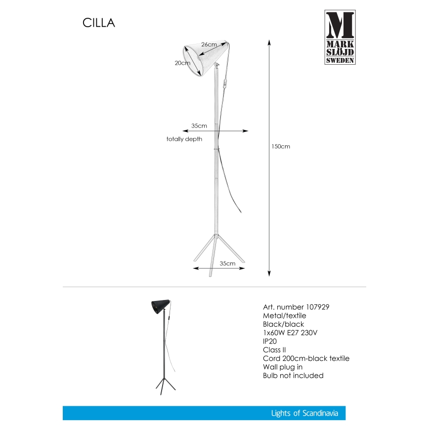 Markslöjd 107929 - Lattialamppu CILLA 1xE27/60W/230V