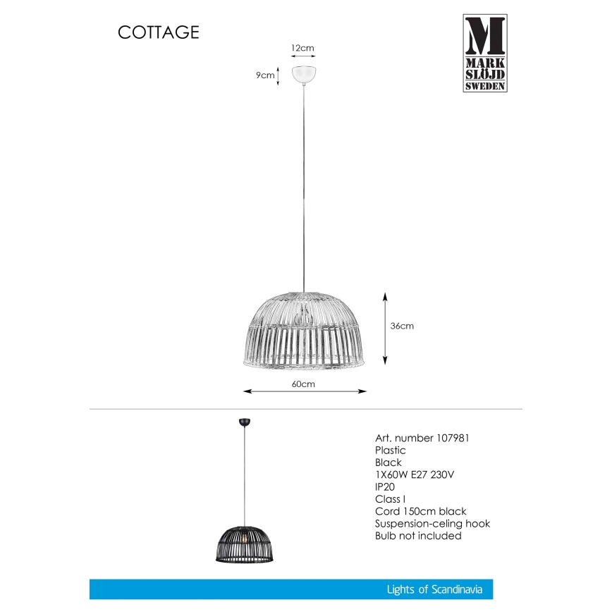 Markslöjd 107981 - Kattokruunu narulla COTTAGE 1xE27/60W/230V