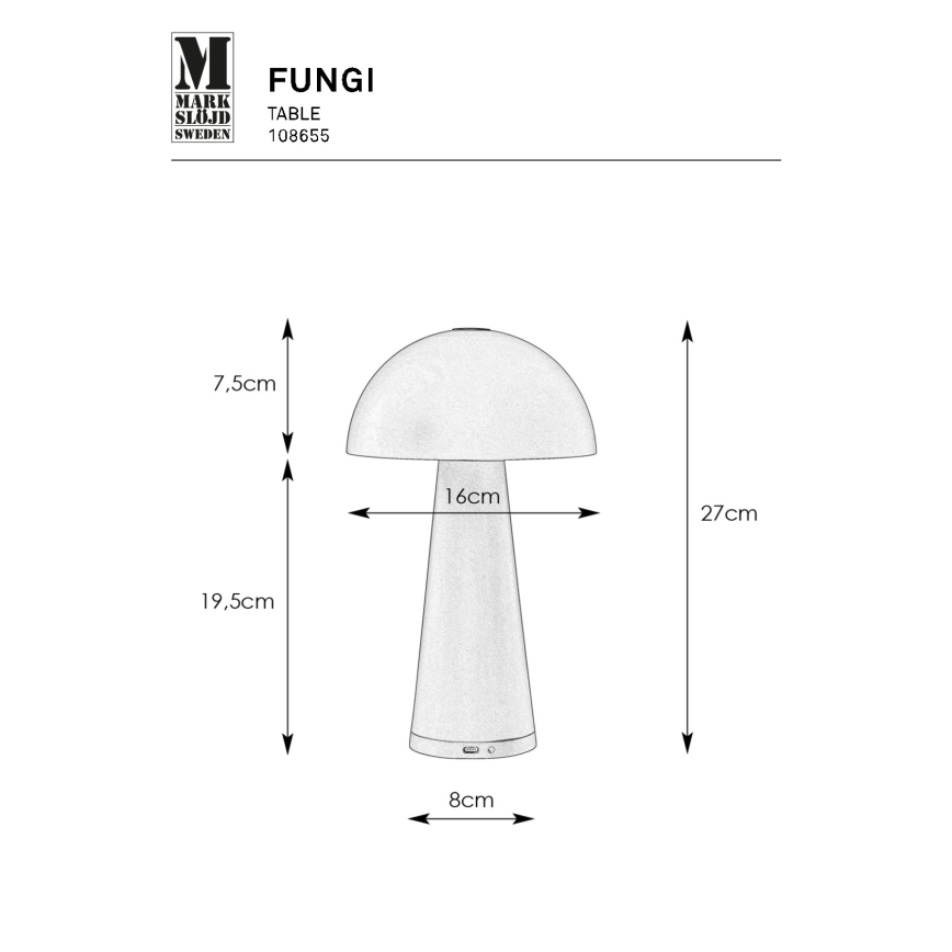 Markslöjd 108655 - LED Himmennettävä ladattava lamppu FUNGI LED/1,5W/5V IP44 musta
