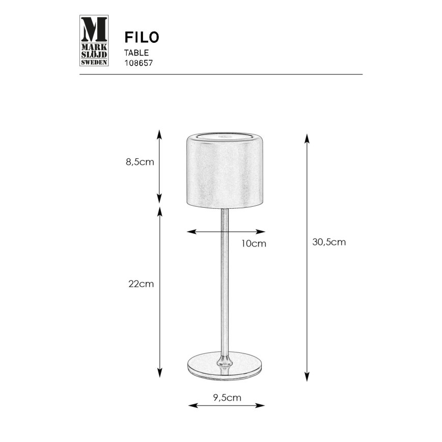 Markslöjd 108657 - LED Himmennettävä ja ladattava pöytälamppu FILO LED/2W/5V IP44 30 cm musta
