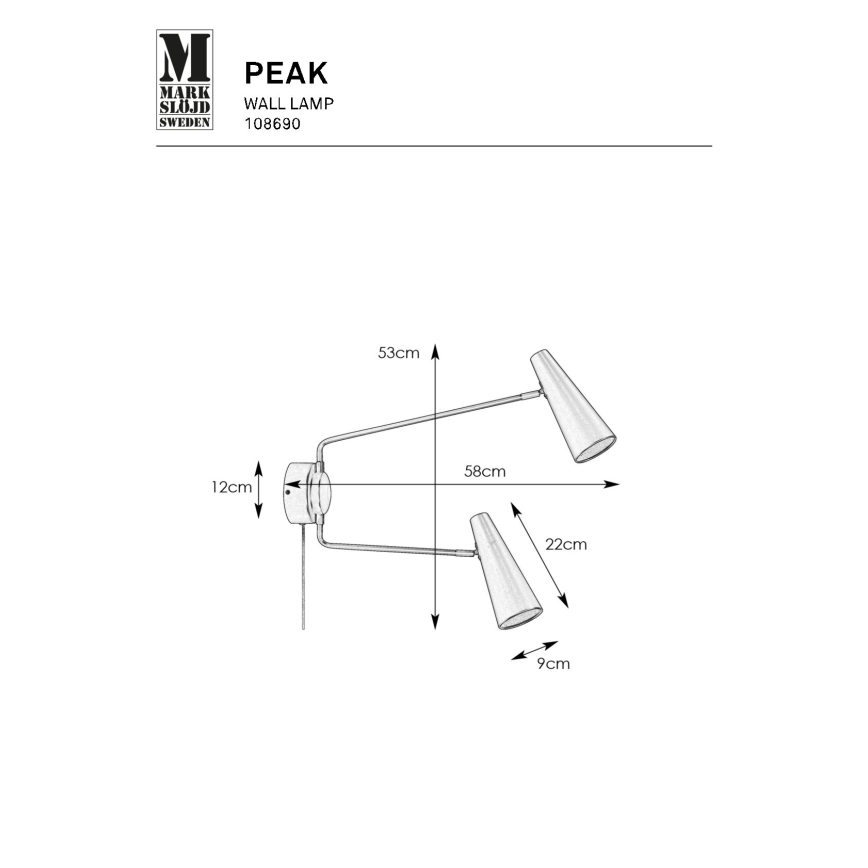 Markslöjd 108690 - Seinävalaisin PEAK 2xE14/40W/230V musta