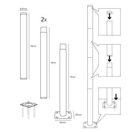 Metallinen pylväs ulkovalaistukseen BASE, 4 m, Ø 60 mm, musta