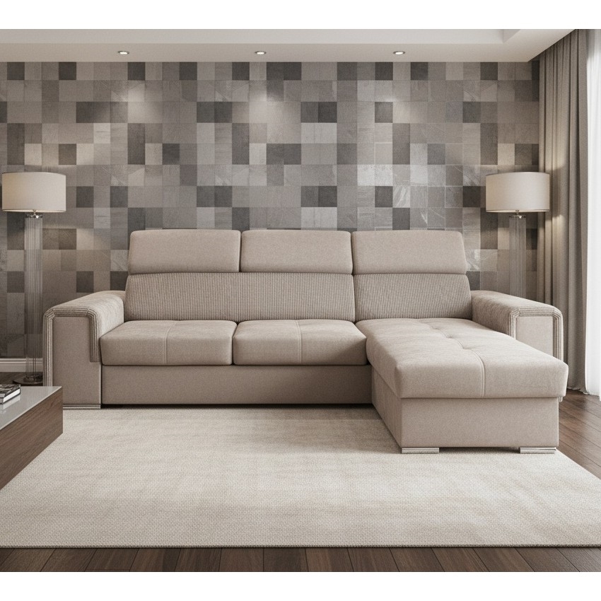 Monikäyttöinen L-muotoinen kulmavuodesohva SALVADA säilytystilalla, beige