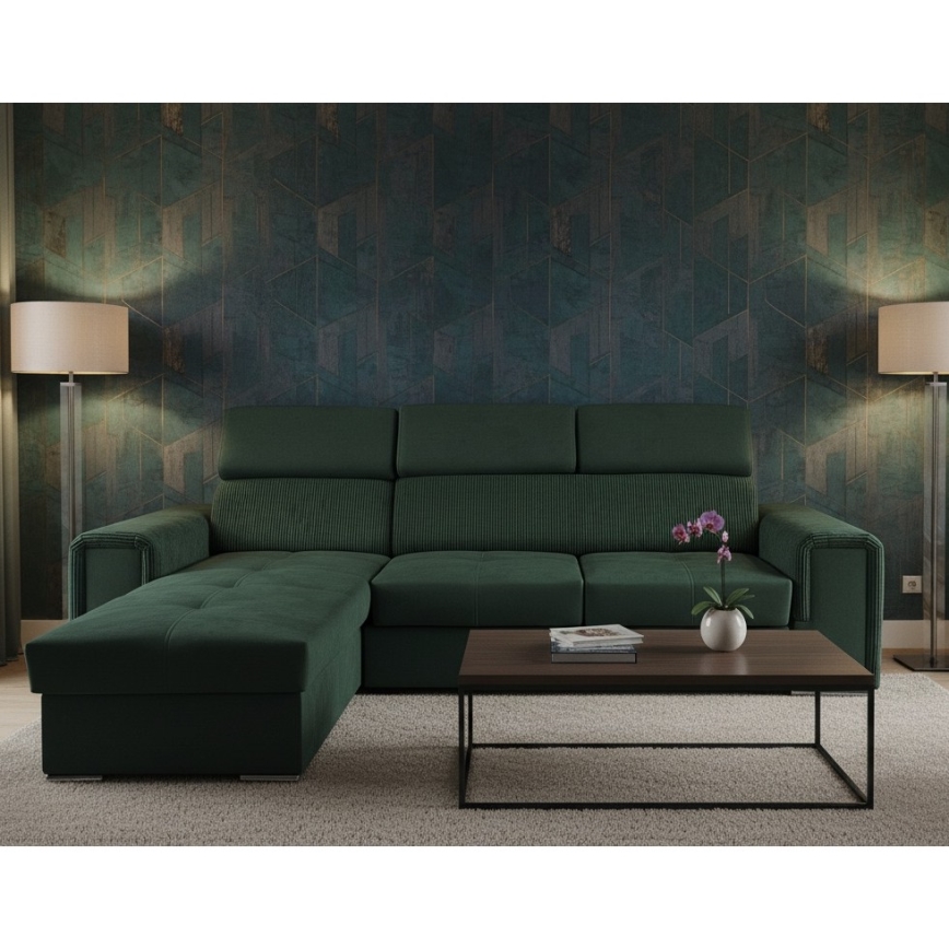 Monikäyttöinen L-muotoinen levitettävä kulmasohva säilytystilalla SALVADA, vihreä