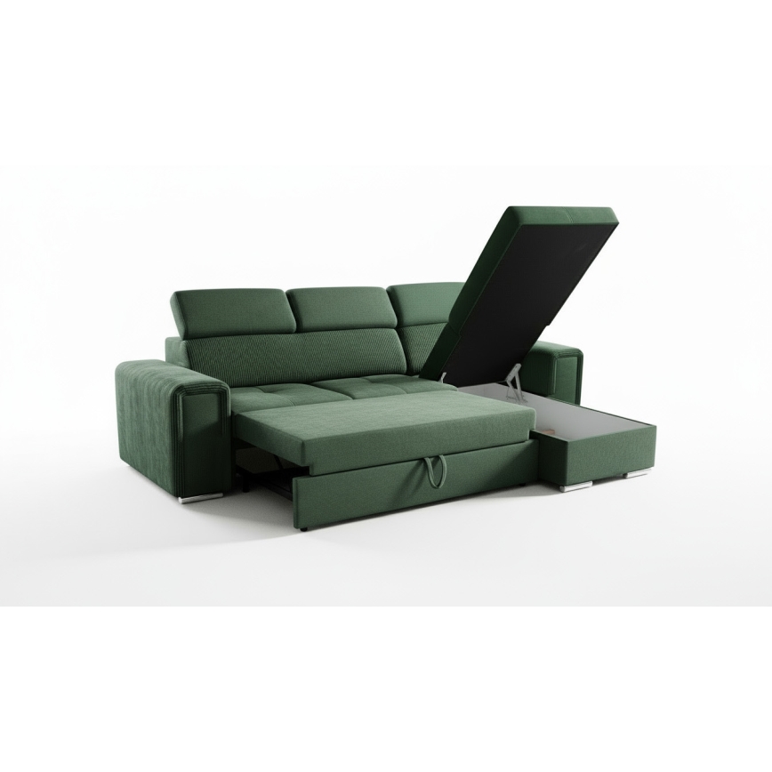 Monikäyttöinen L-muotoinen levitettävä kulmasohva säilytystilalla SALVADA, vihreä