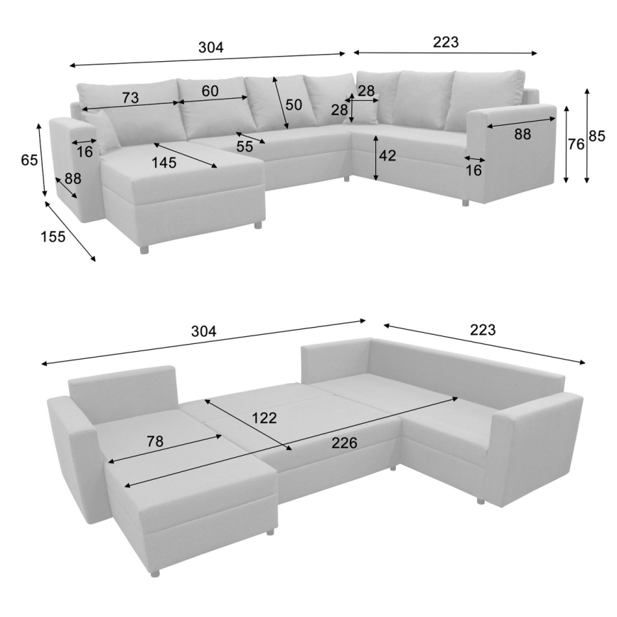 Monikäyttöinen U-muotoinen vuodemallinen kulmasohva säilytystilalla SEYA, harmaa