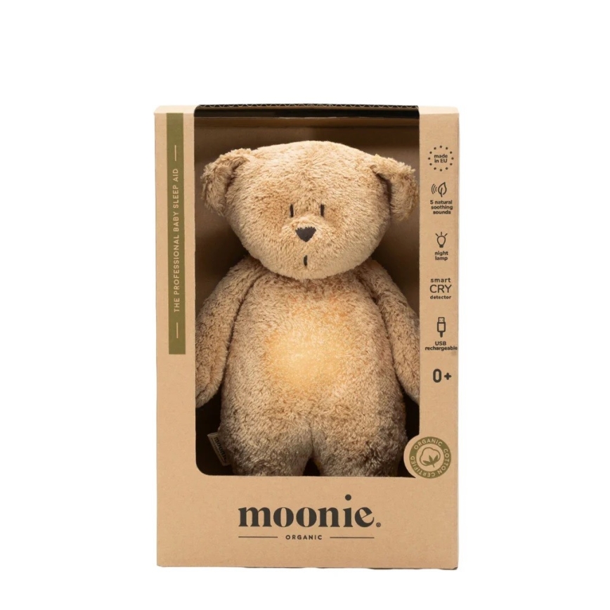 Moonie - Snuggle buddy melodialla ja valolla pieni karhu orgaaninen cappuccino natur