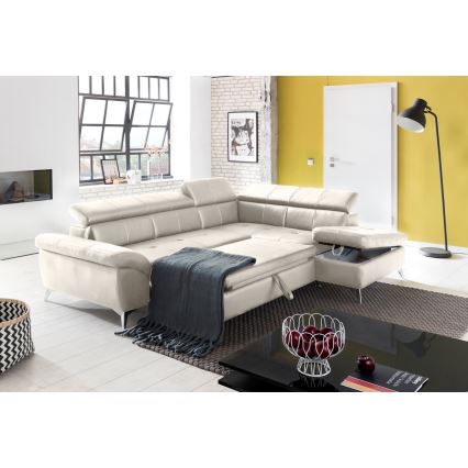 Nahkainen kulmasohva L-mallinen SALERNO II oikea beige, avattava