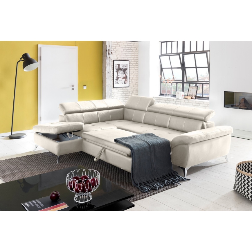 Nahkainen kulmasohva L-mallinen SALERNO II vasen beige, avattava