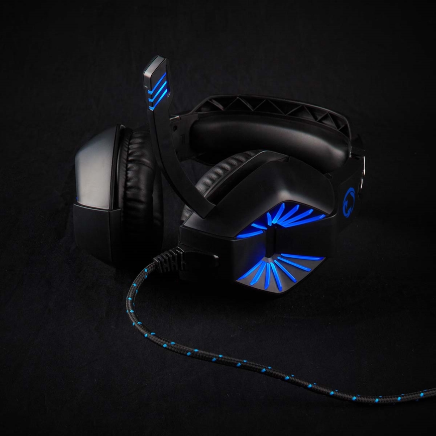 LED-pelikuulokkeet mikrofonilla musta/sininen