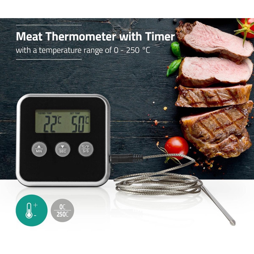 Lihalämpömittari näytöllä ja ajastimella 0-250 °C 1xAAA