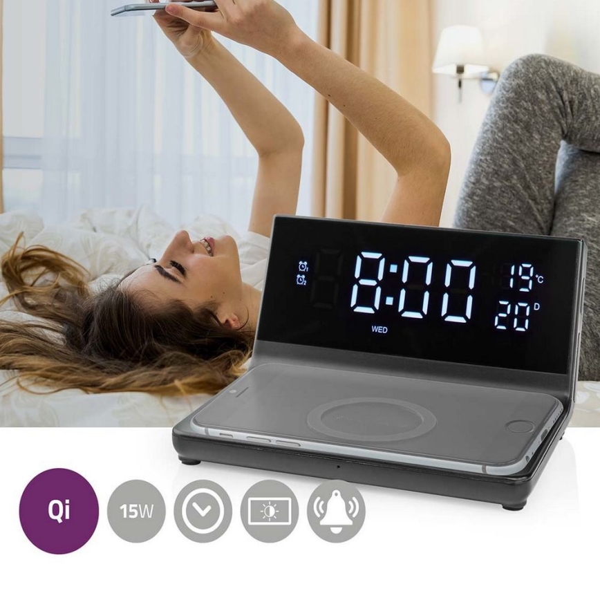 Herätyskello LCD-näytöllä ja langattomalla laturilla 15W/230V musta