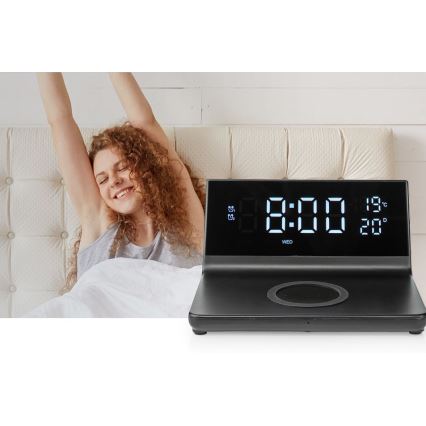 Herätyskello LCD-näytöllä ja langattomalla laturilla 15W/230V musta
