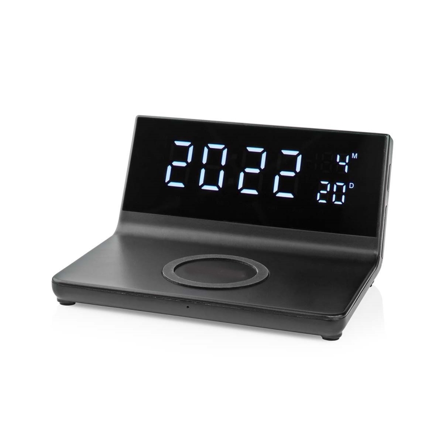 Herätyskello LCD-näytöllä ja langattomalla laturilla 15W/230V musta