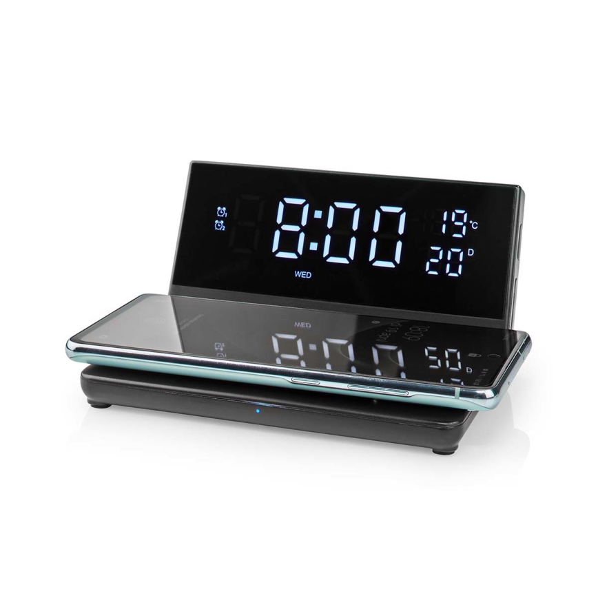 Herätyskello LCD-näytöllä ja langattomalla laturilla 15W/230V musta