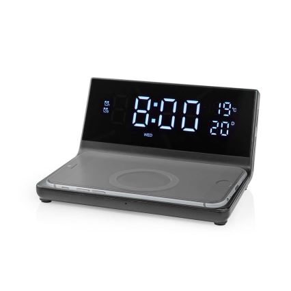 Herätyskello LCD-näytöllä ja langattomalla laturilla 15W/230V musta