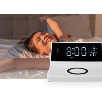 Herätyskello LCD-näytöllä ja langaton Laturi 15W/230V + 1xCR2032 valkoinen