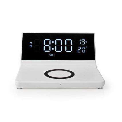 Herätyskello LCD-näytöllä ja langaton Laturi 15W/230V + 1xCR2032 valkoinen