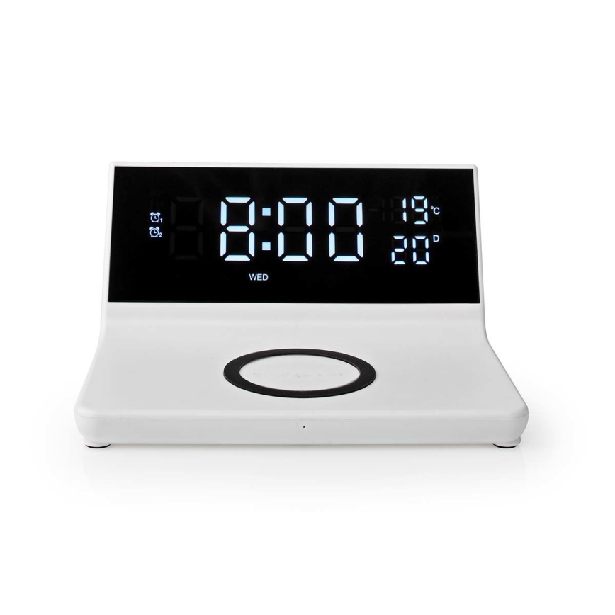 Herätyskello LCD-näytöllä ja langaton Laturi 15W/230V + 1xCR2032 valkoinen