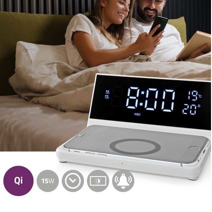 Herätyskello LCD-näytöllä ja langattomalla laturilla 15W/230V valkoinen