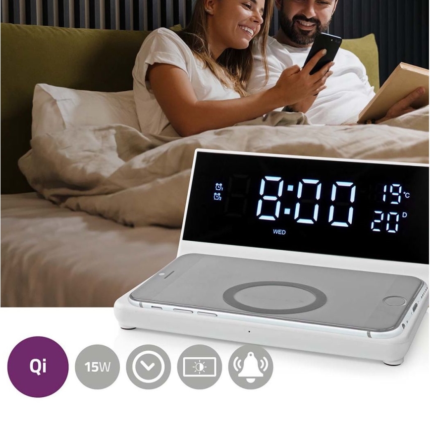 Herätyskello LCD-näytöllä ja langattomalla laturilla 15W/230V valkoinen