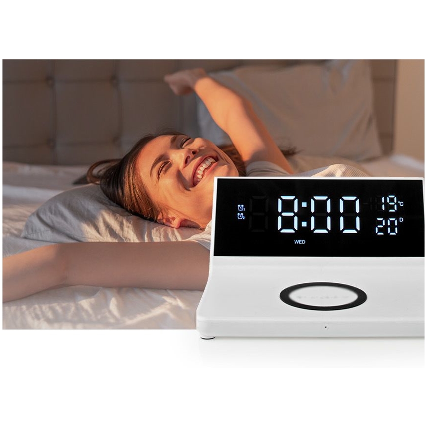 Herätyskello LCD-näytöllä ja langattomalla laturilla 15W/230V valkoinen