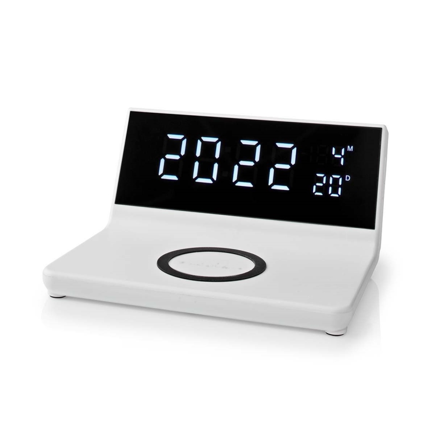 Herätyskello LCD-näytöllä ja langattomalla laturilla 15W/230V valkoinen