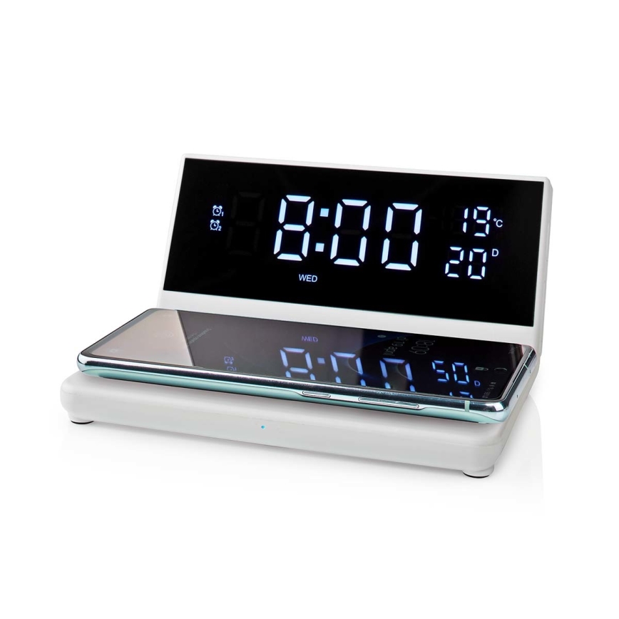 Herätyskello LCD-näytöllä ja langattomalla laturilla 15W/230V valkoinen