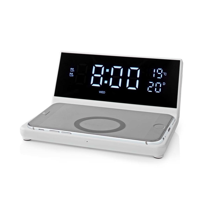 Herätyskello LCD-näytöllä ja langattomalla laturilla 15W/230V valkoinen