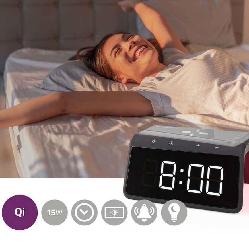 Herätyskello LCD-näytöllä ja langattomalla laturilla 15W/230V musta