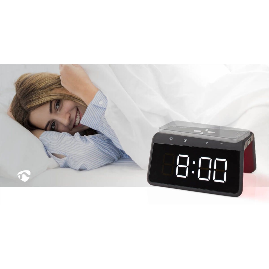 Herätyskello LCD-näytöllä ja langattomalla laturilla 15W/230V musta