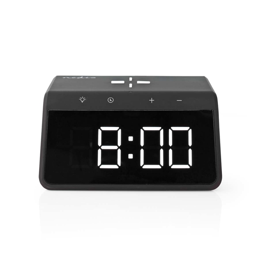 Herätyskello LCD-näytöllä ja langattomalla laturilla 15W/230V musta