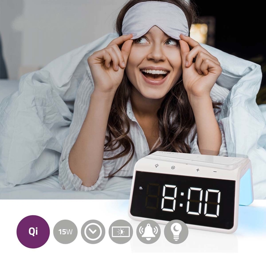 Herätyskello LCD-näytöllä ja langattomalla laturilla 15W/230V valkoinen