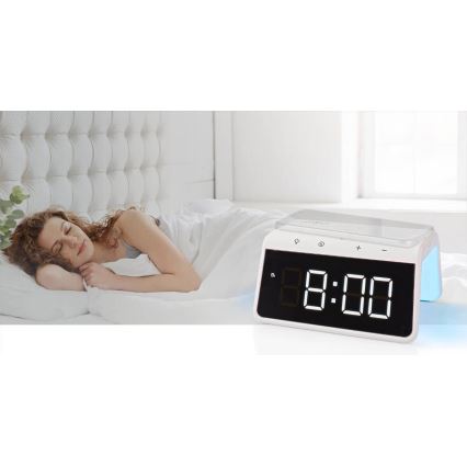 Herätyskello LCD-näytöllä ja langattomalla laturilla 15W/230V valkoinen